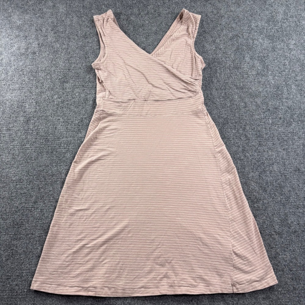 Patagonia Amber Dawn Dress Medium Pink Striped Organic Cotton V-Neck Womens